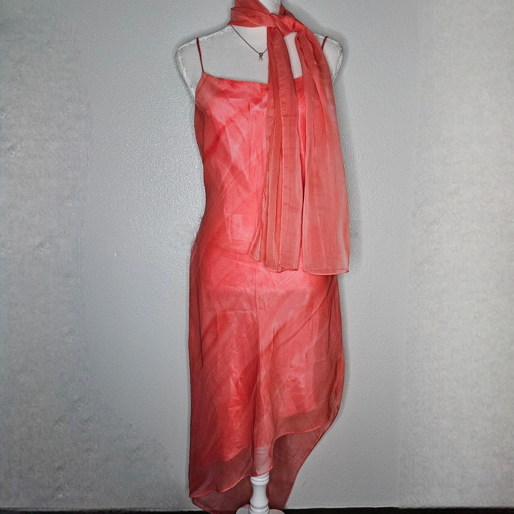 Chica's USA Coral Pink Handkerchief Hem Midi Dress with Matching Scarf